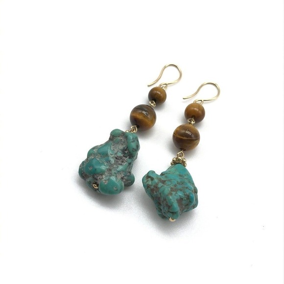 14k Yellow Gold Turquoise Tiger's Eye Dangle Earrings - Picture 2 of 7